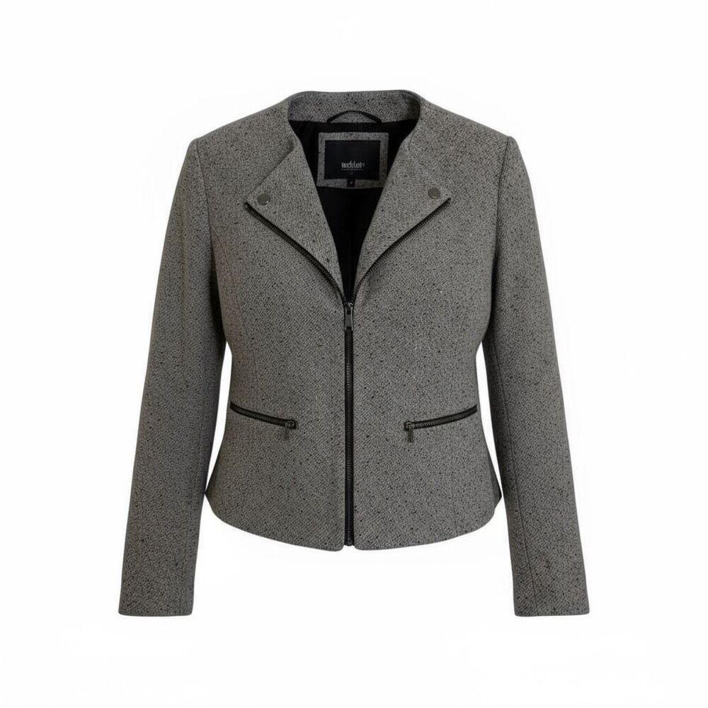 Mossimo Wool Blend Tweed Front Zip Speckled Fully Lined Blazer Jacket Gray Large